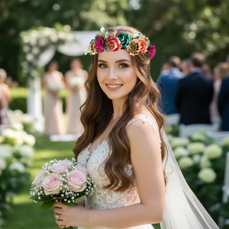 LLinfflr Women Floral Crown Flower Garland Headband Hair Wreath Floral Halo Headpiece Boho with Ribbon Wedding Party Photos - Image 2